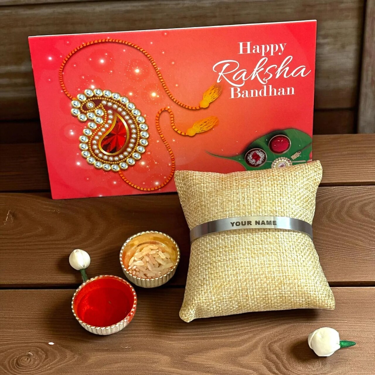 Personalized Stainless Steel Rakhi for Brother Custom Engraved Names Cuff Bracelet for Bhai - Raksha Bandhan Customizable Bracelets Rakhi Gift Hamper with Roli Chawal Greeting Card